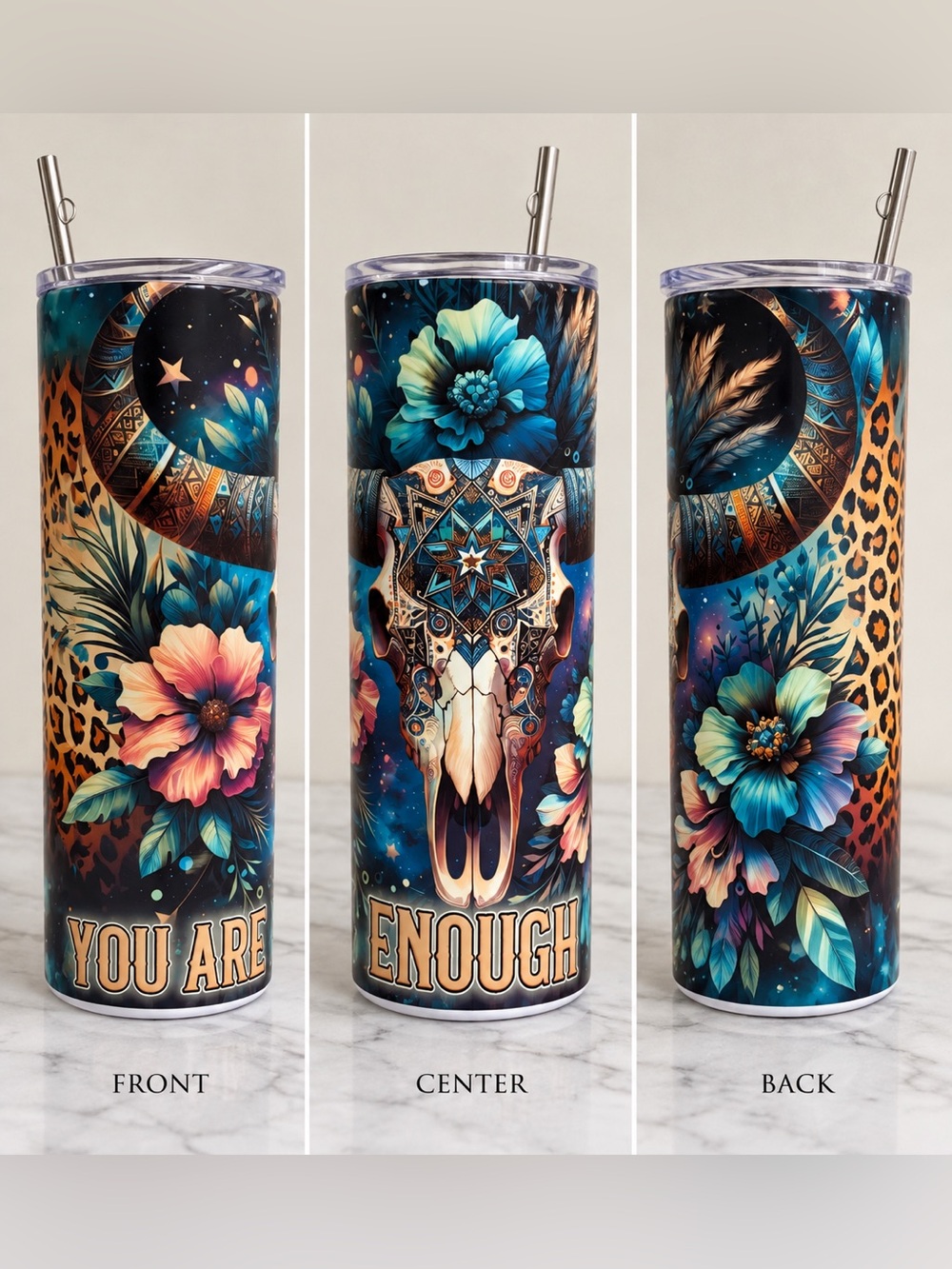 Blue Floral Skull Travel Tumbler - Inspirational Home Accent